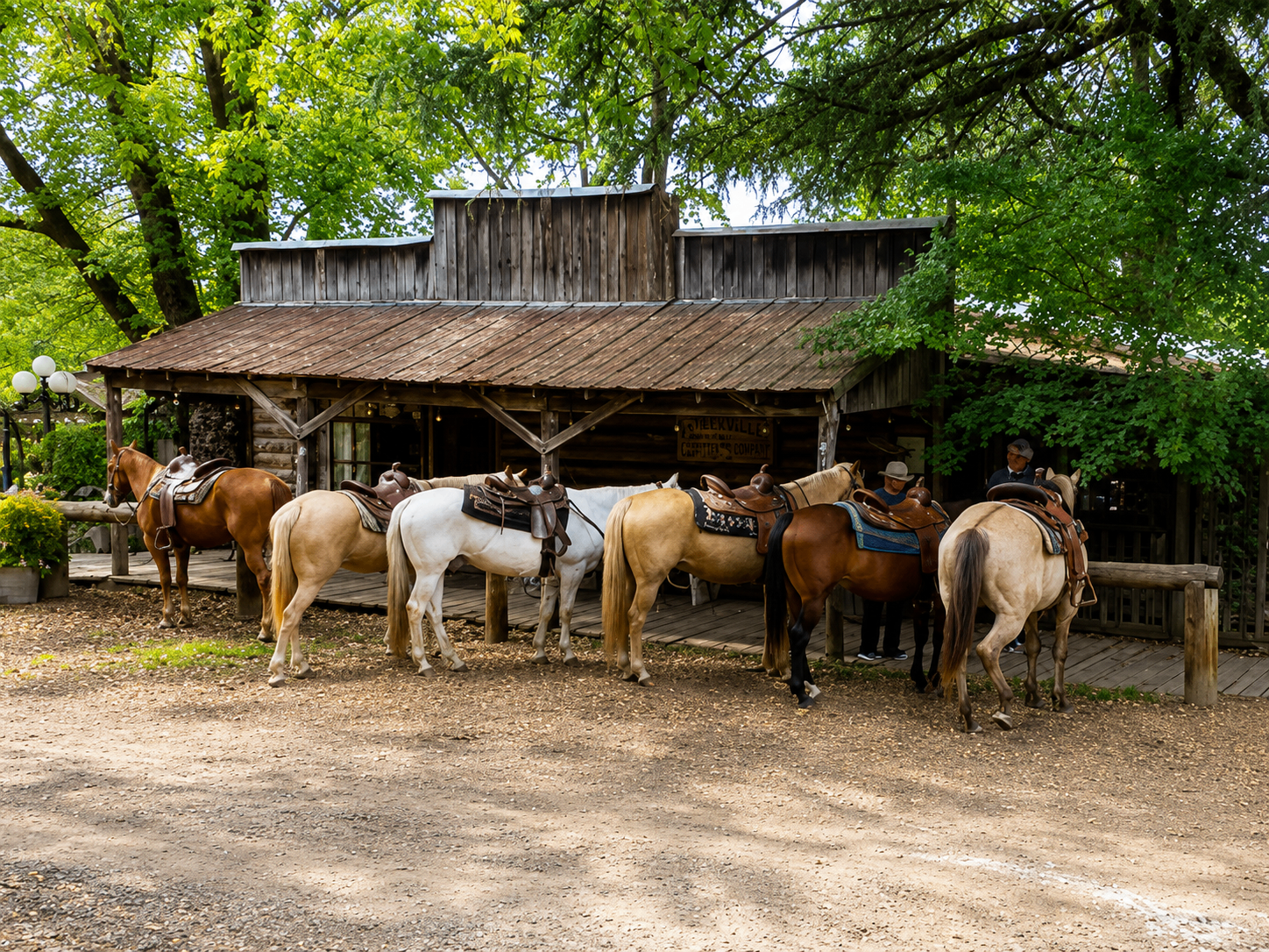 Saddled horses tied outside a wooden stable in Love Valley