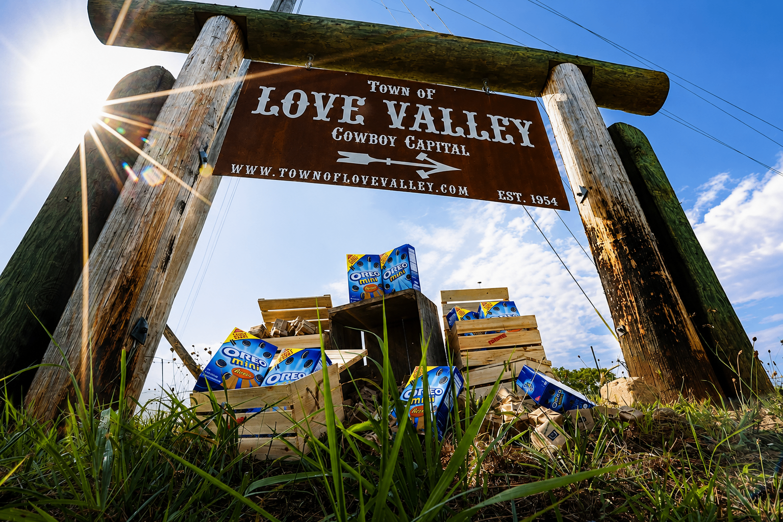 Town of Love Valley entrance sign with Oreo Mini boxes stacked on wooden crates