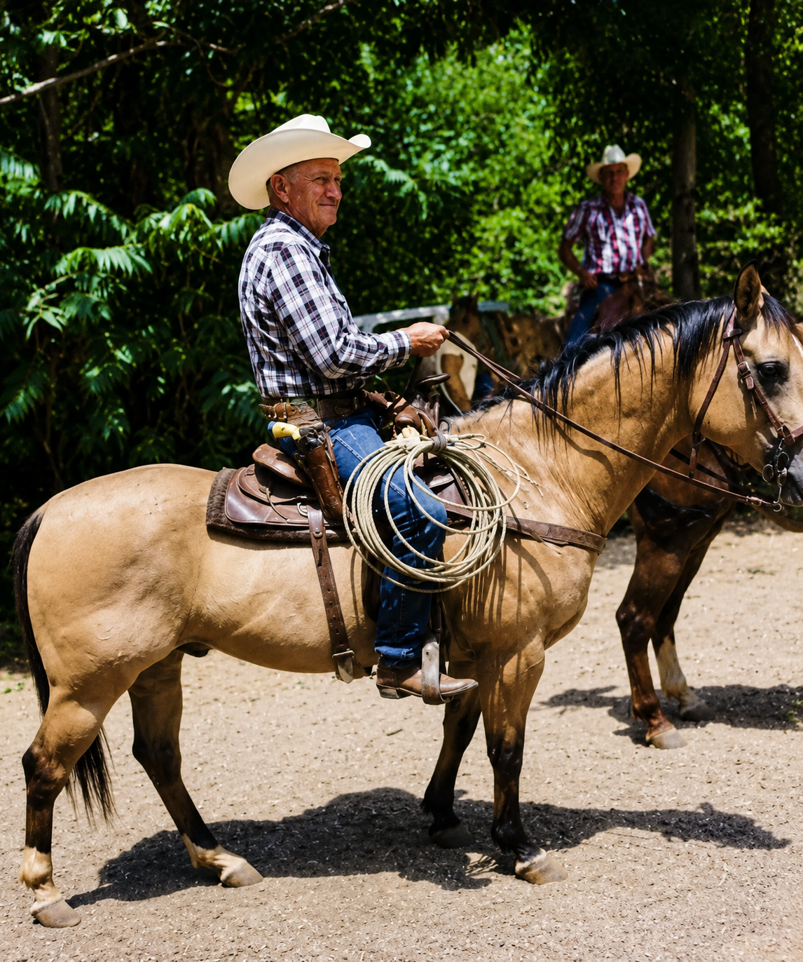 Cowboy in a white hat on a buckskin horse with a lariat