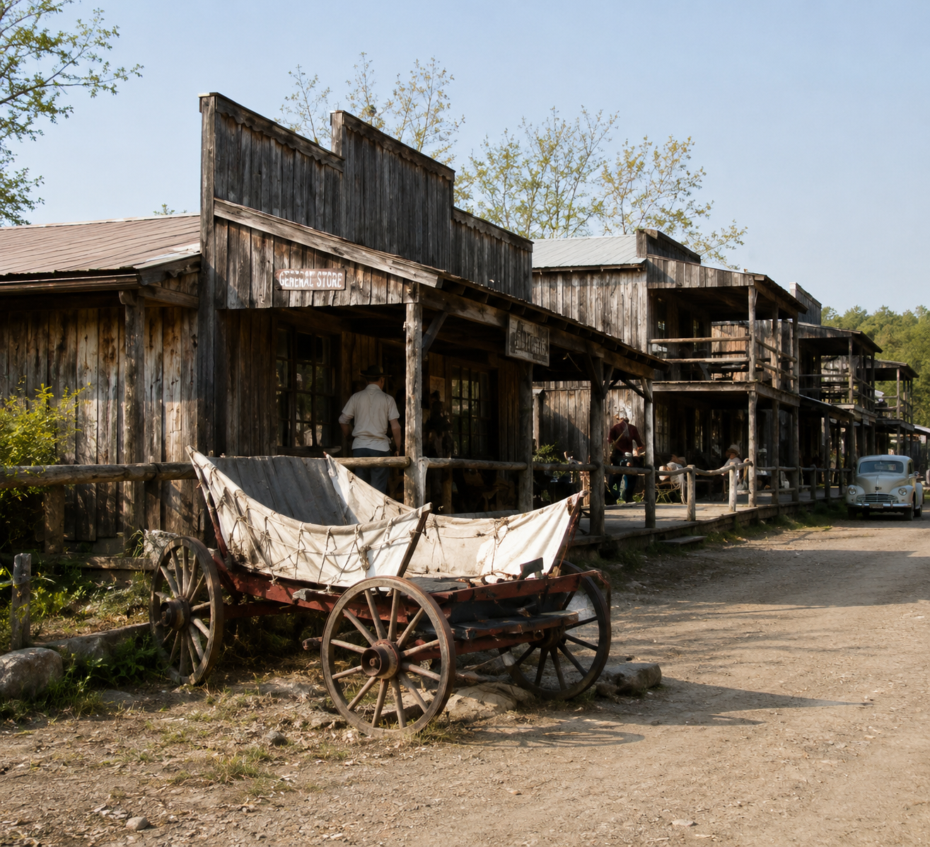 Wooden storefronts and covered wagon along Love Valley's Main Street