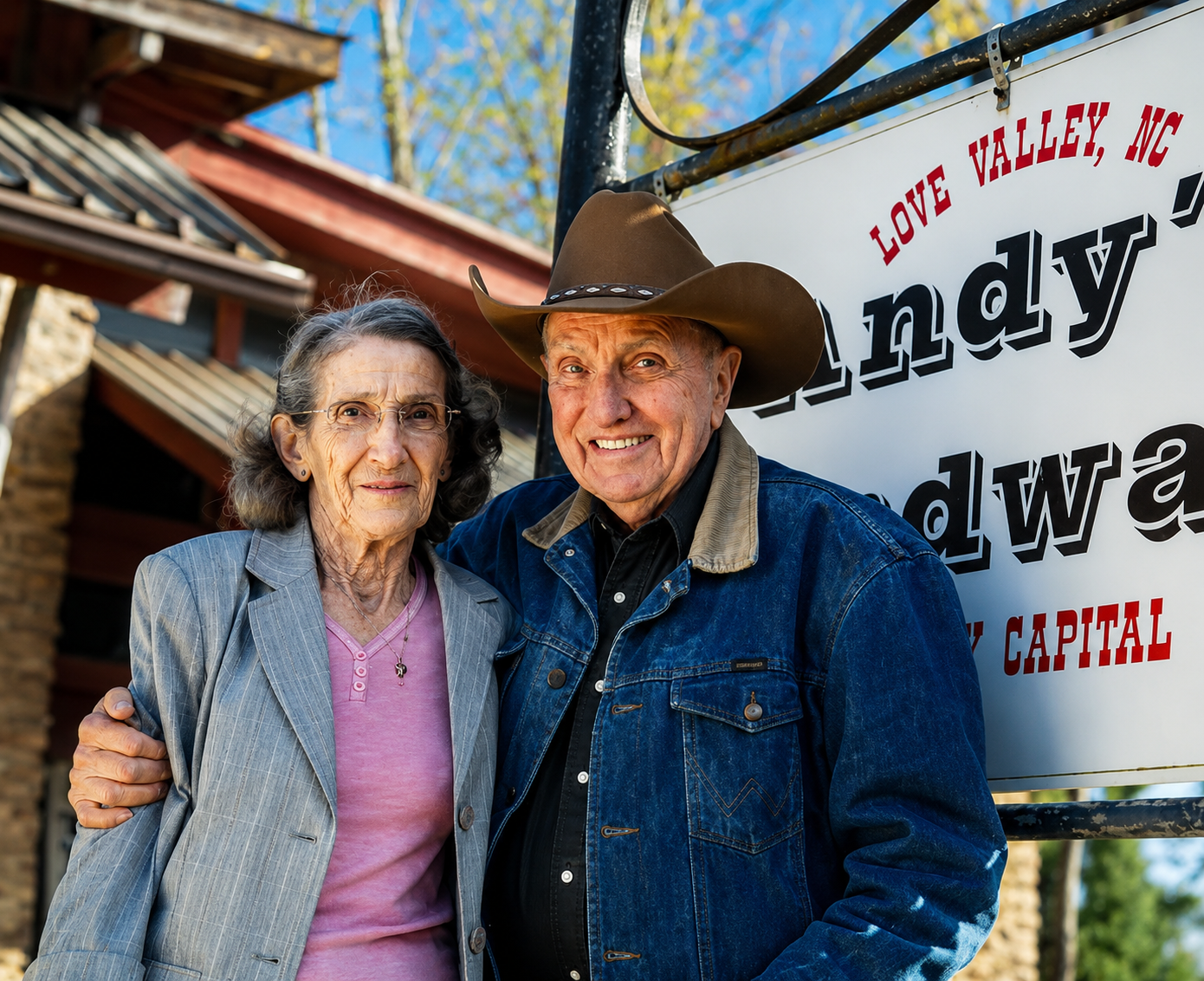 Town founders standing together in front of an Andy's Boardwalk sign