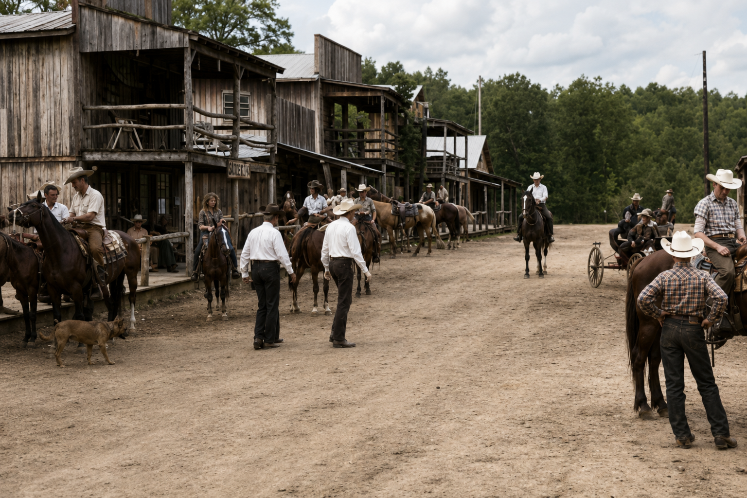 Riders and horses along Love Valley's Main Street
