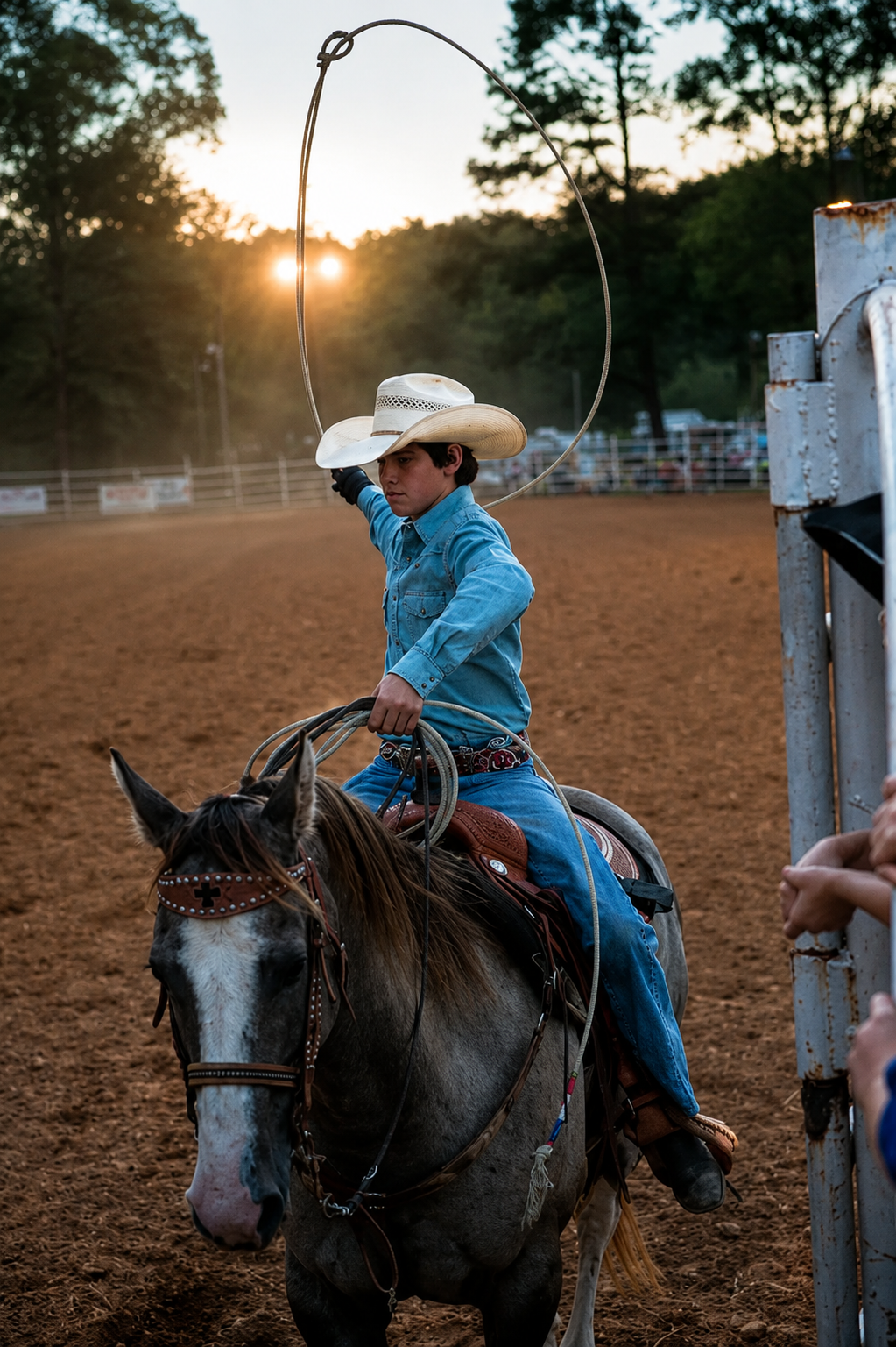 Young roper swinging a lasso on a grey horse at sunset in the rodeo arena