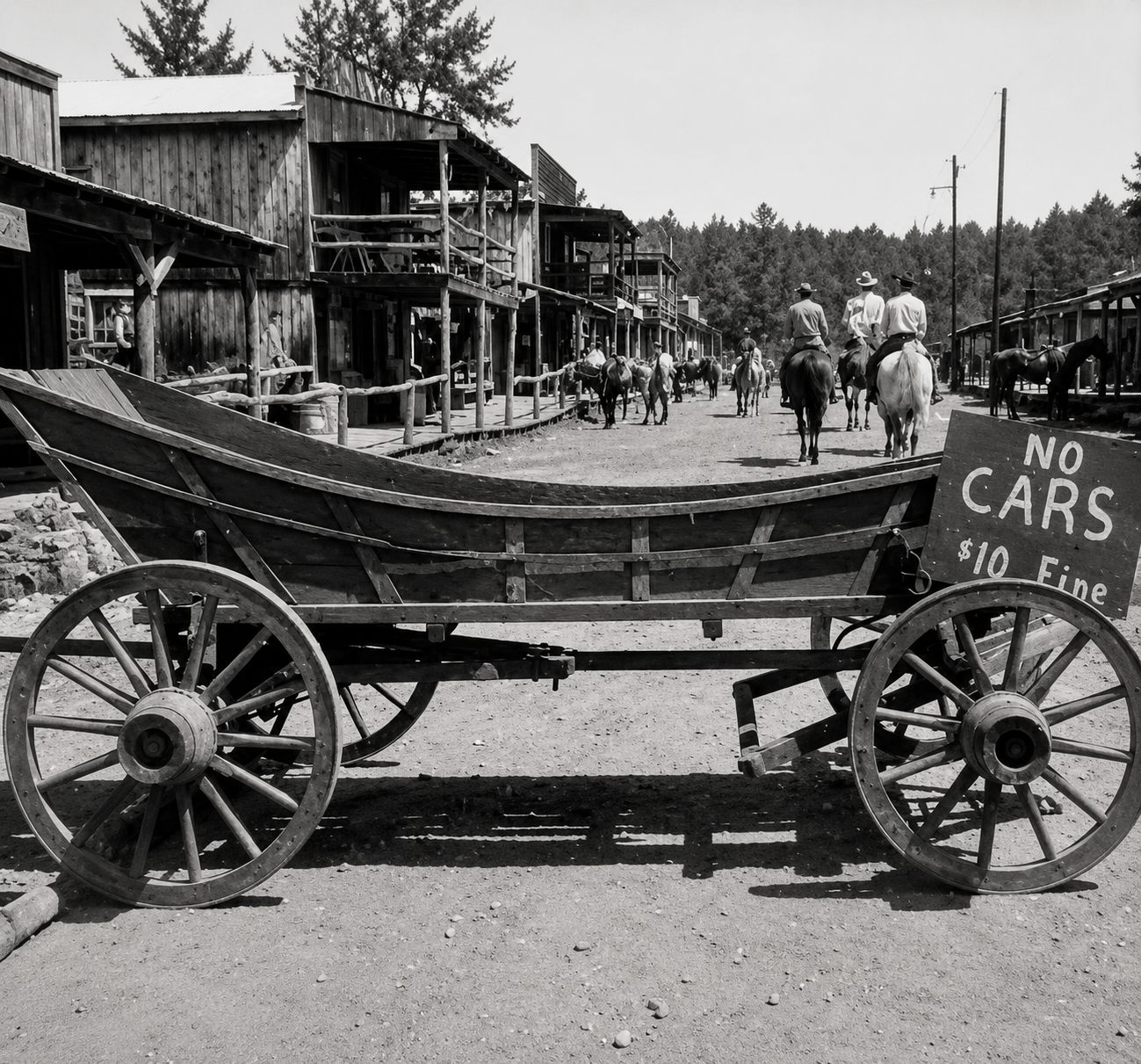 Black-and-white view of Main Street with wagon and riders, 'No Cars $10 Fine' sign
