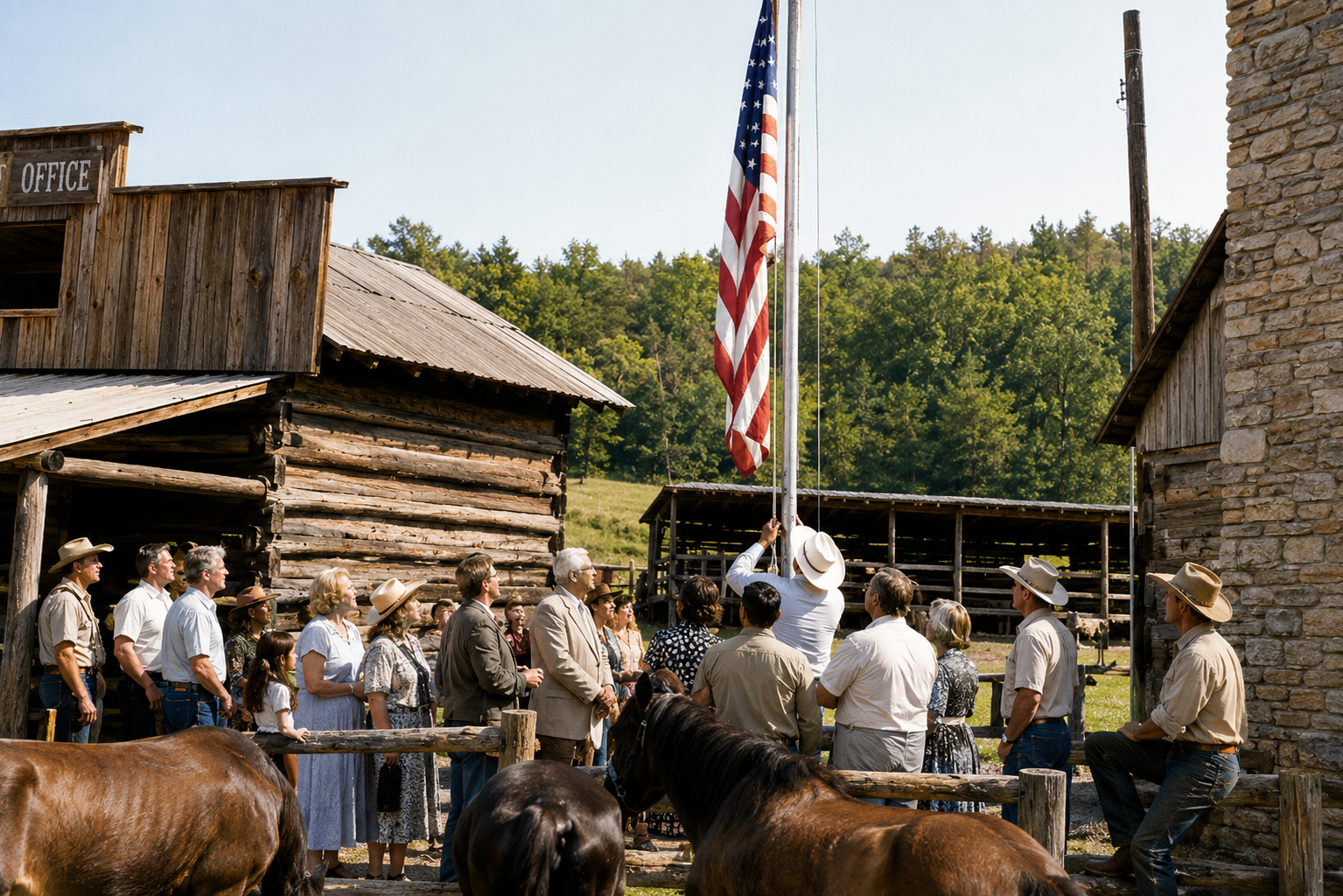 Residents gather as the American flag is raised in Love Valley