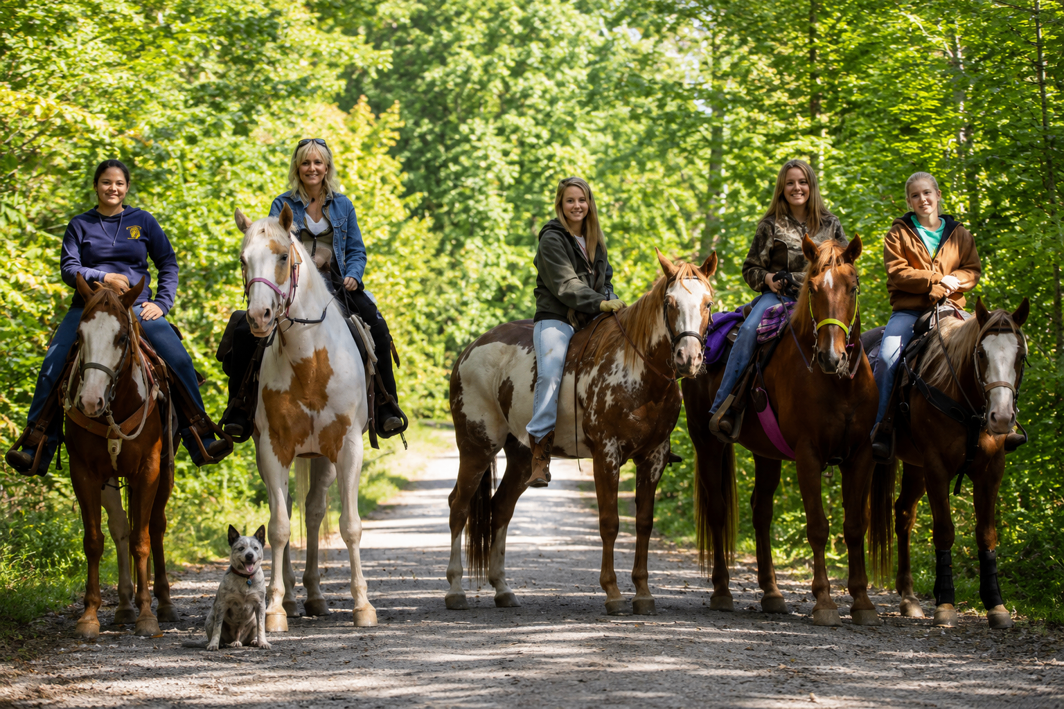 Five riders on horseback with a dog on a wooded trail